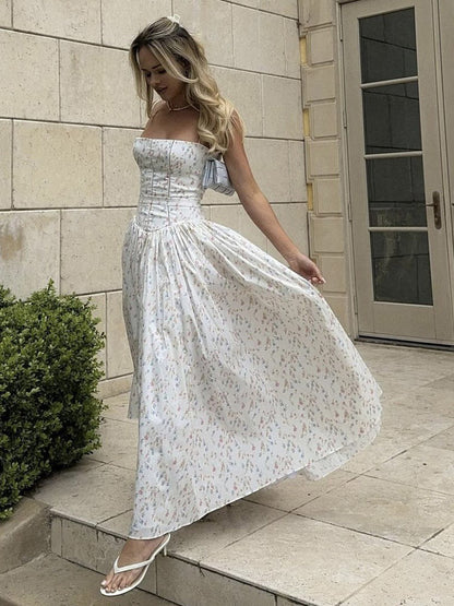 Date Night Dresses Spaghetti Strap Ditsy Floral Corset Maxi Dress Bustier A-Line Floor Length Gown