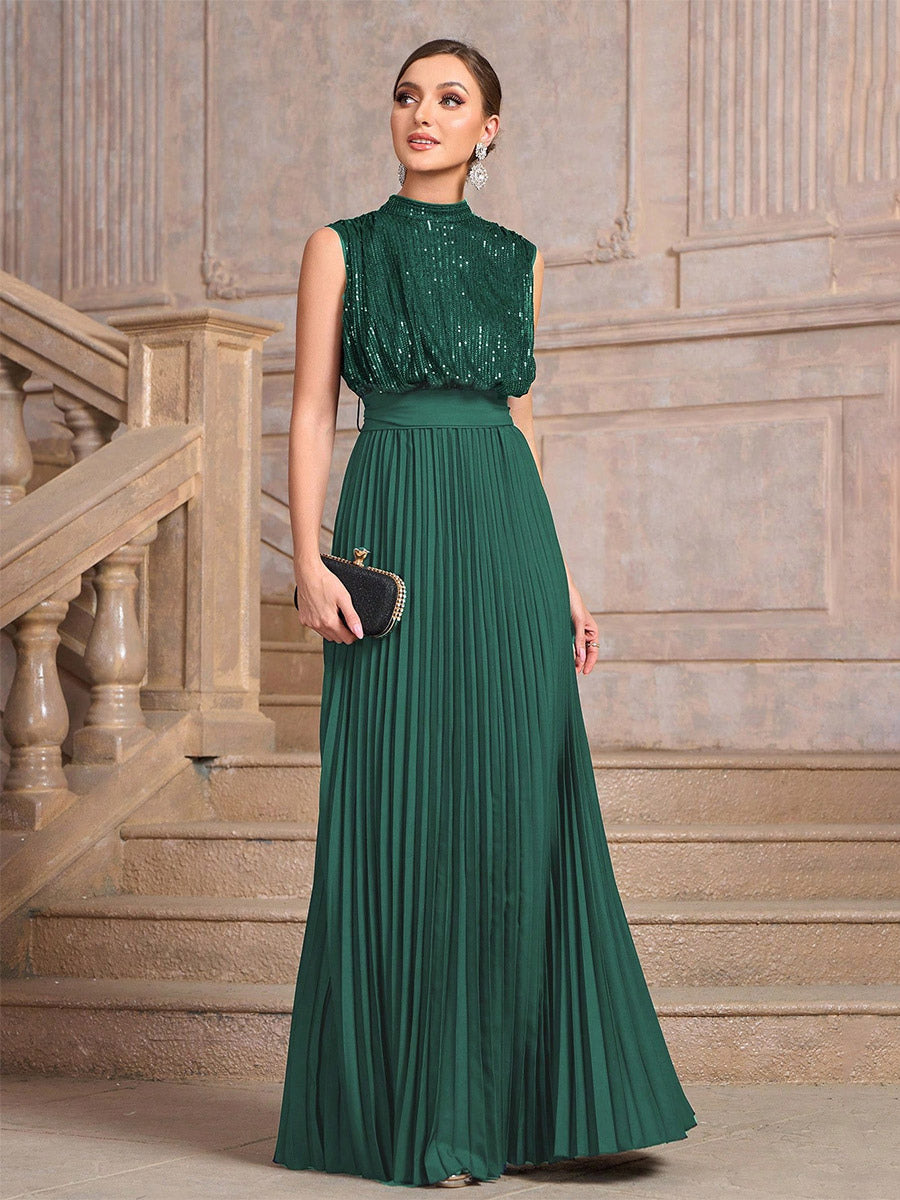 Party Dresses High Neck Sequin Sleeveless Back Bow Pleated Maxi Evening Gown