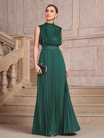 Party Dresses High Neck Sequin Sleeveless Back Bow Pleated Maxi Evening Gown
