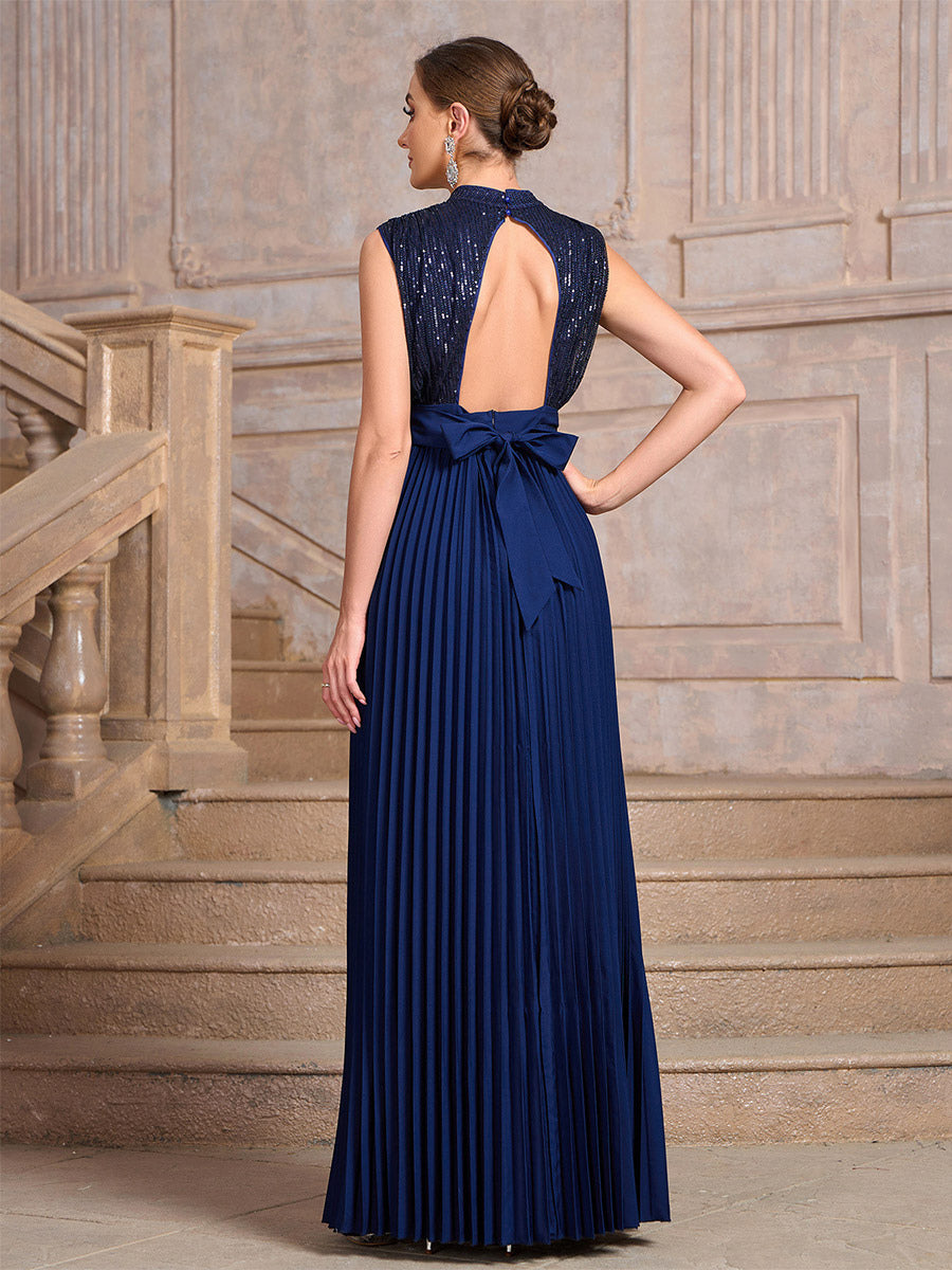 Party Dresses High Neck Sequin Sleeveless Back Bow Pleated Maxi Evening Gown