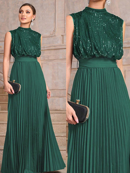 Party Dresses High Neck Sequin Sleeveless Back Bow Pleated Maxi Evening Gown