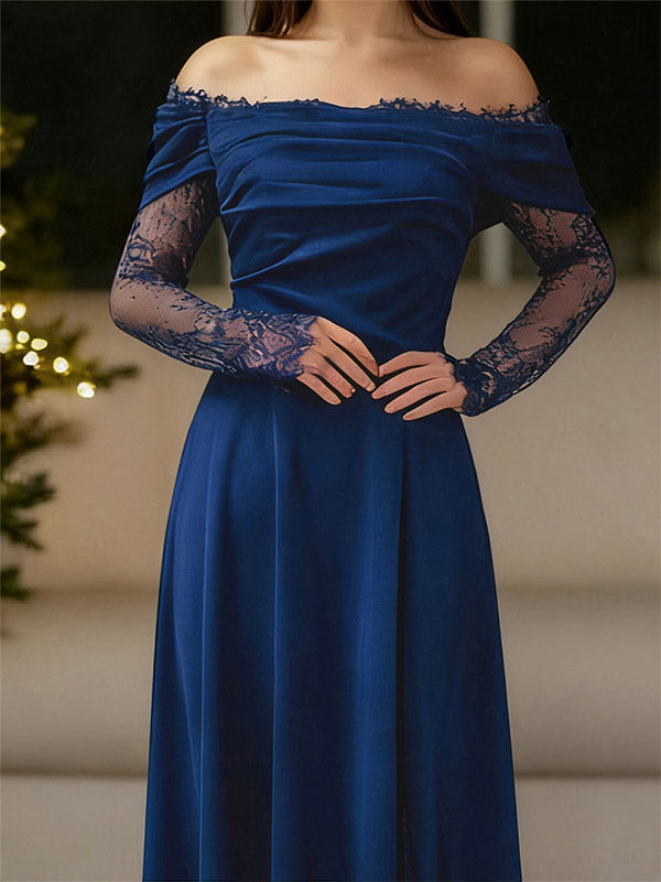 Off Shoulder Eyelash Lace Long Sleeve Slit A-Line Maxi Evening Gown