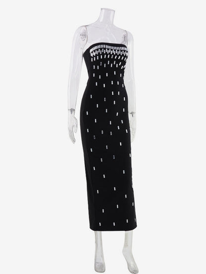 Night Out Dresses Strapless Rhinestone Embellished Bodycon Midi Dress Back Split Evening Gown