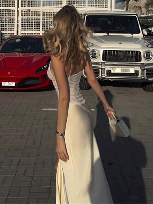 Daily Dresses Deep V Lace Satin Spaghetti Strap Slit Mermaid Maxi Dress