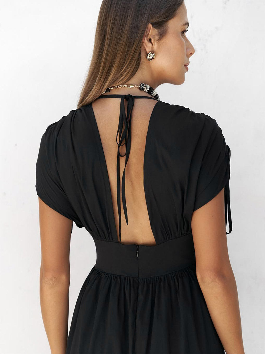 Party Dresses Deep V Drawstring Waist Open Back Maxi Dress Short Sleeve Flowy Vacation Gown