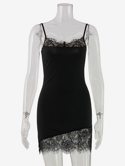 Daily Dresses Spaghetti Strap Eyelash Lace Trim Asymmetrical Hem Bodycon Mini Dress