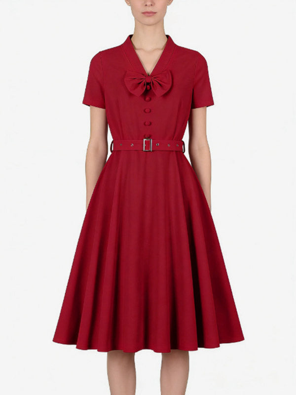 Vintage Dresses 1950s Vintage Swing Dress Bow Tie Collar Short Sleeve Tea Party Dress