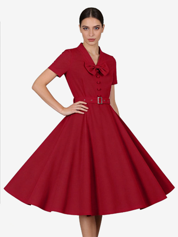 Vintage Dresses 1950s Vintage Swing Dress Bow Tie Collar Short Sleeve Tea Party Dress