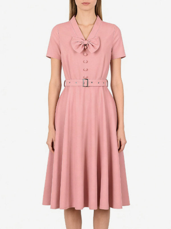 Vintage Dresses 1950s Vintage Swing Dress Bow Tie Collar Short Sleeve Tea Party Dress