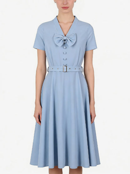 Vintage Dresses 1950s Vintage Swing Dress Bow Tie Collar Short Sleeve Tea Party Dress