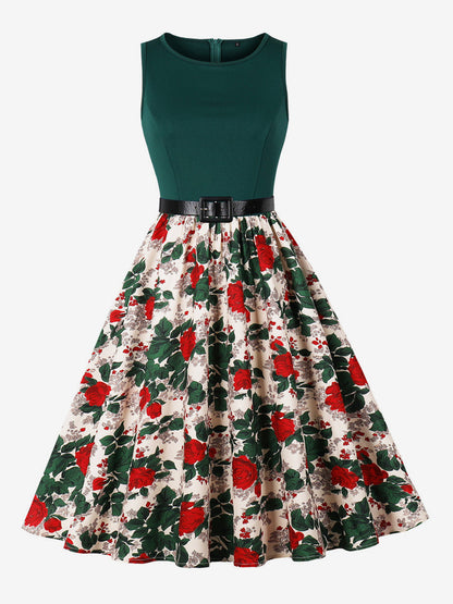 Vintage Dresses 1950s Swing Floral Swing Dress Sleeveless A-Line Tea Party Midi Dress