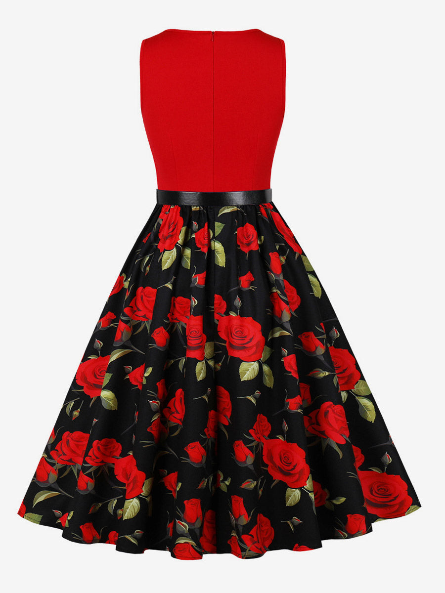 Vintage Dresses 1950s Swing Floral Swing Dress Sleeveless A-Line Tea Party Midi Dress