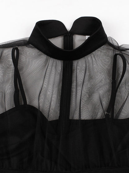 Vintage Dresses Women's Burgundy Tulle Midi Dress Sheer Long Sleeve Bow Neck Fit And Flare Dress