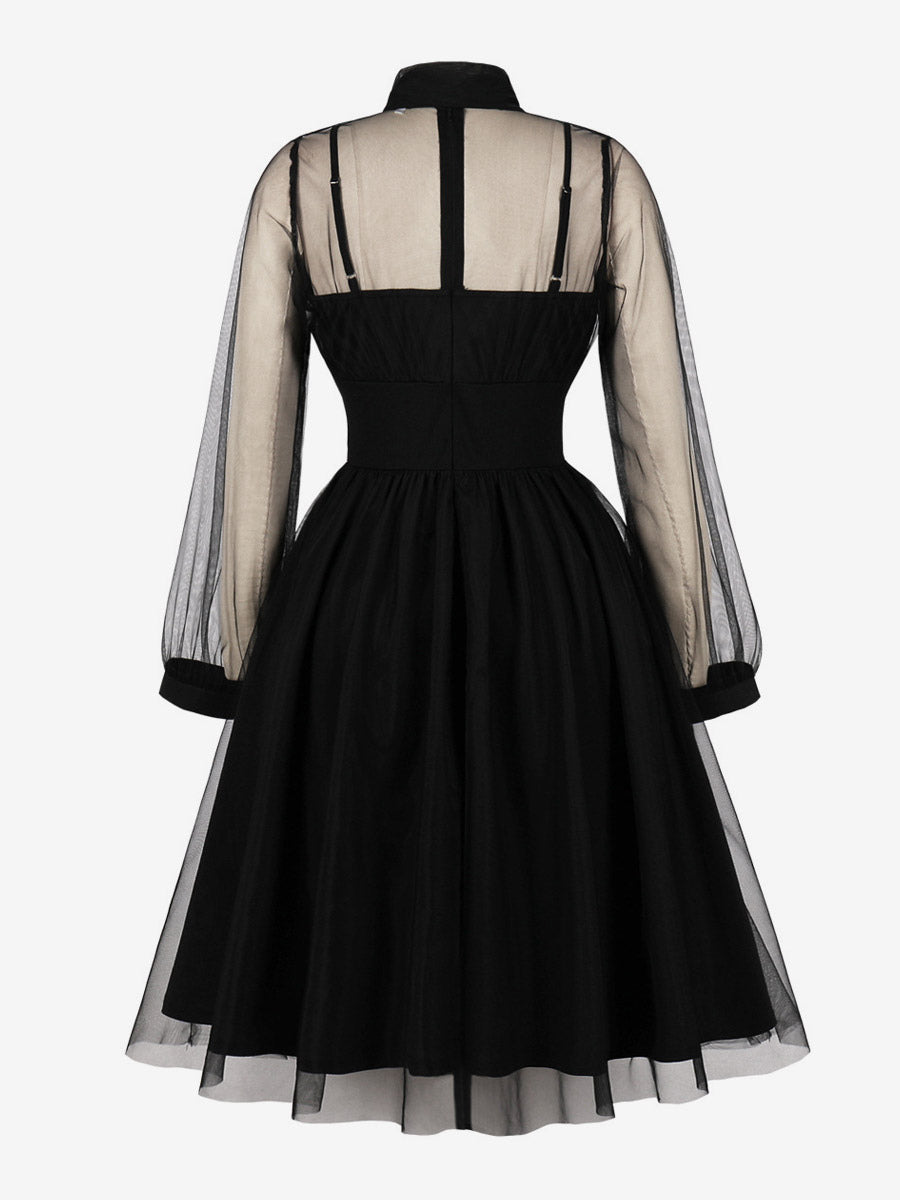Vintage Dresses Women's Burgundy Tulle Midi Dress Sheer Long Sleeve Bow Neck Fit And Flare Dress