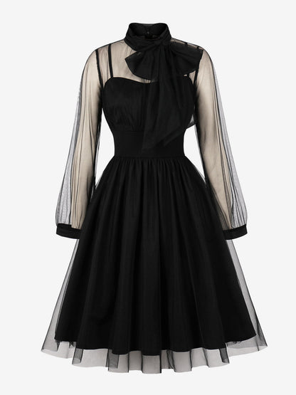 Vintage Dresses Women's Burgundy Tulle Midi Dress Sheer Long Sleeve Bow Neck Fit And Flare Dress