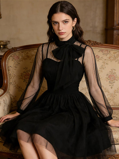 Vintage Dresses Women's Burgundy Tulle Midi Dress Sheer Long Sleeve Bow Neck Fit And Flare Dress