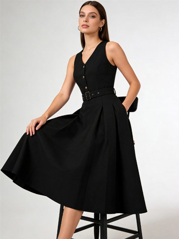 Daily Dresses Women's Sleeveless V Neck Belted Midi Dress Button Front A-Line Flare Dress