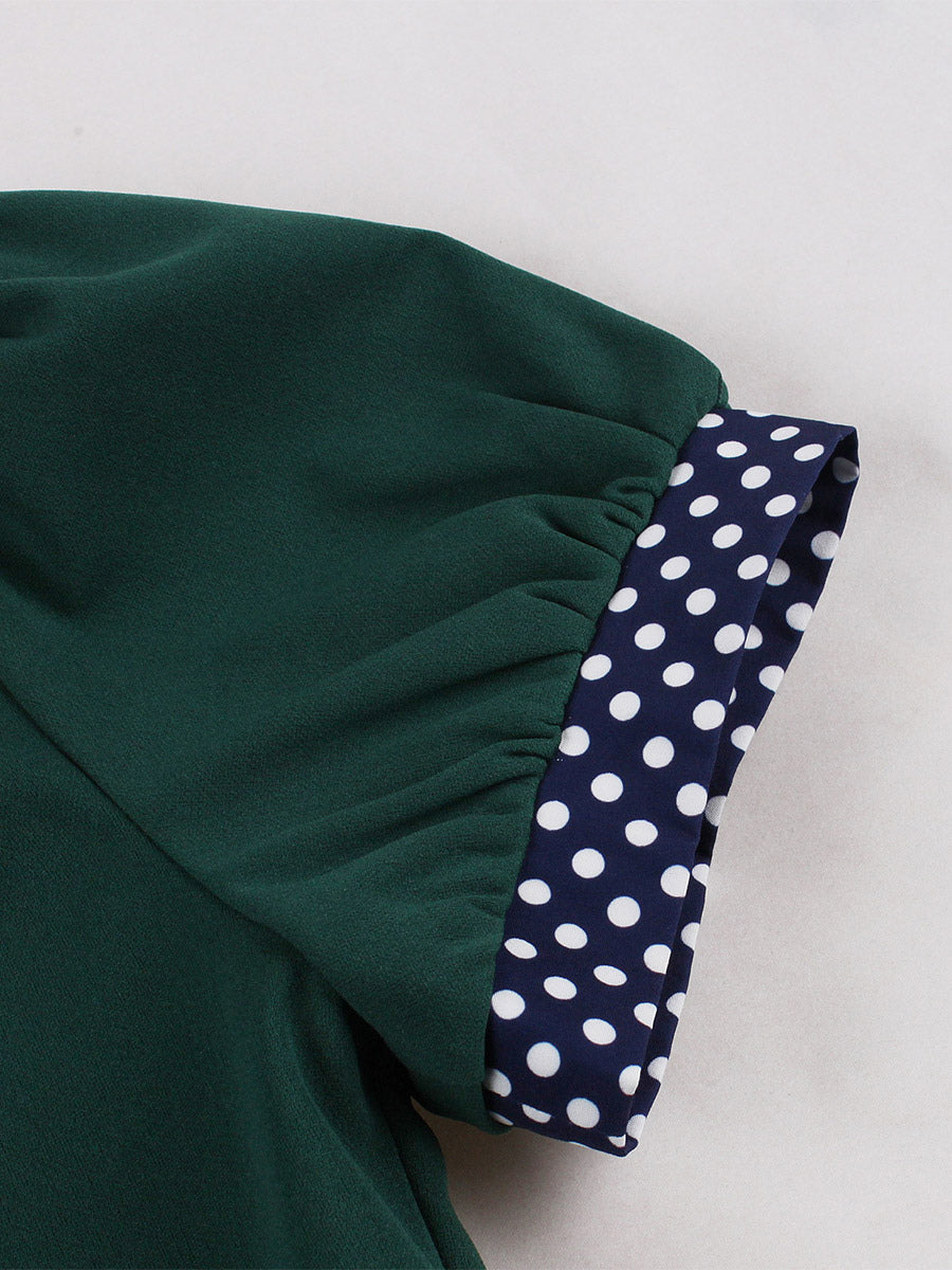 Vintage Dress Women's 1950s Swing Dress Polka Dot Collar Bow Tie Tea Party Midi Dress
