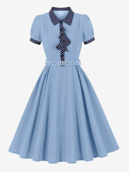 Vintage Dress Women's 1950s Swing Dress Polka Dot Collar Bow Tie Tea Party Midi Dress