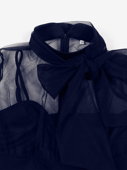 Vintage Dresses Women's Burgundy Tulle Midi Dress Sheer Long Sleeve Bow Neck Fit And Flare Dress