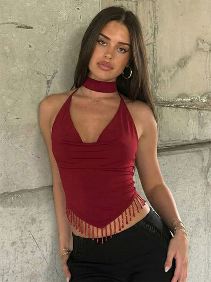 Burgundy Cami Top Straps Neck Fringe Open Shoulder Sexy Women Camis