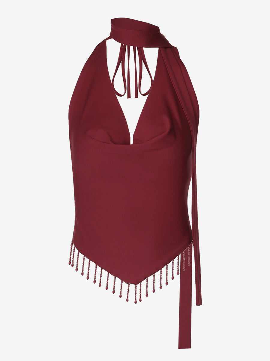 Burgundy Cami Top Straps Neck Fringe Open Shoulder Sexy Women Camis
