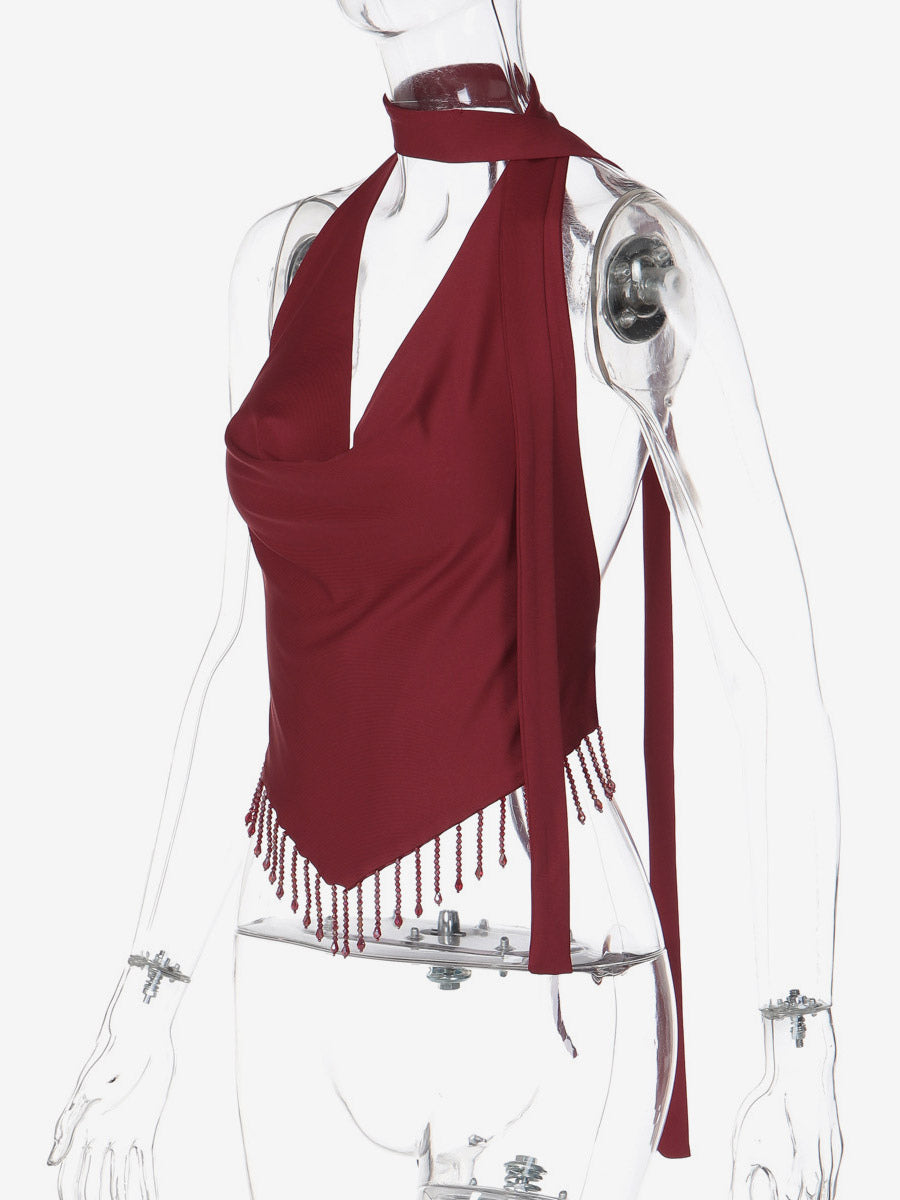 Burgundy Cami Top Straps Neck Fringe Open Shoulder Sexy Women Camis