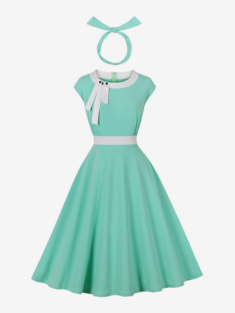 Vintage Swing Dress Women's 1950s Contrast Trim Bow Neck Tea Party Dress