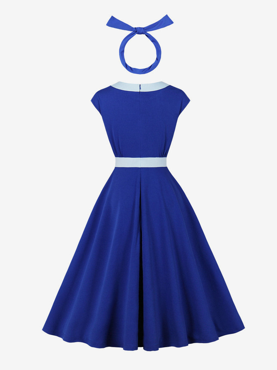 Vintage Swing Dress Women's 1950s Contrast Trim Bow Neck Tea Party Dress