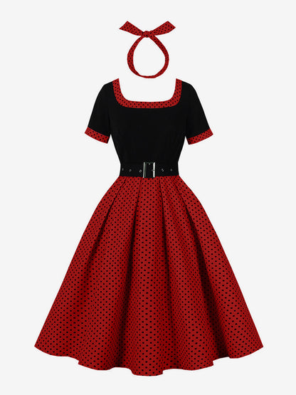 Vintage Swing Dress 1950s Contrast Polka Dot Dress Square Neck Tea Party Dress
