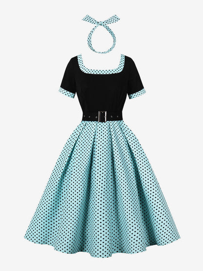 Vintage Swing Dress 1950s Contrast Polka Dot Dress Square Neck Tea Party Dress