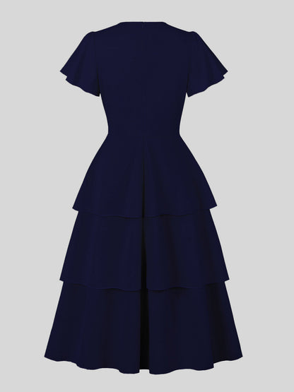 Vintage Dress Women's Elegant Tiered Midi Dress Short Flutter Sleeve Tie Front Fit And Flare Dress