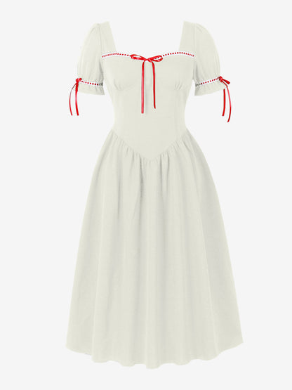 Vintage Dress Women's Puff Sleeve Midi Dress Square Neck Tie Front Fit And Flare Vintage Dress