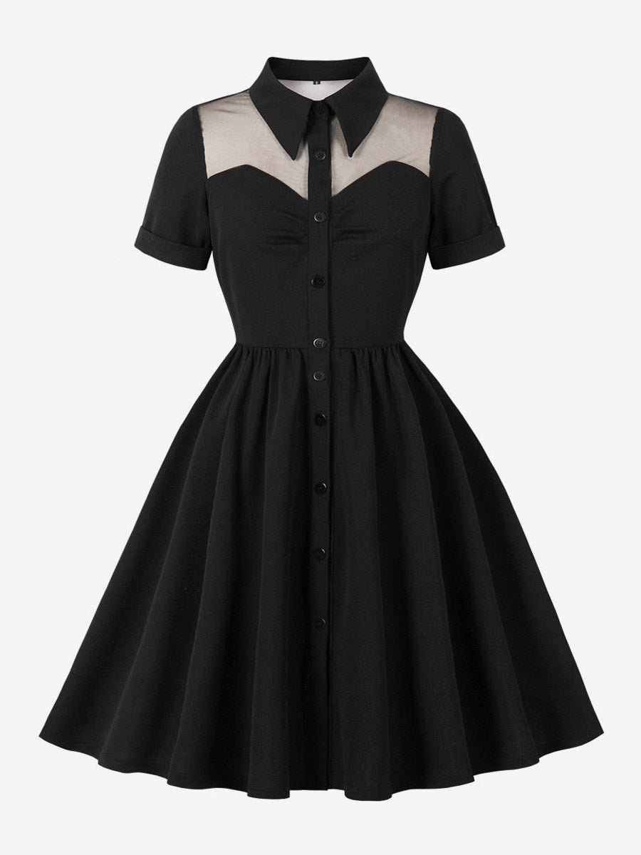 Women's 1950s Vintage Swing Dress Mesh Contrast Collar Button Front Midi Dress