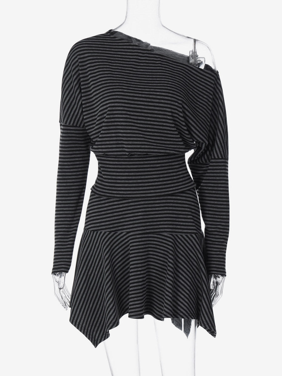 Skirt Set Gray Stripes Dating Long Sleeves Stripes Two Piece Sets
