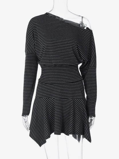 Skirt Set Gray Stripes Dating Long Sleeves Stripes Two Piece Sets