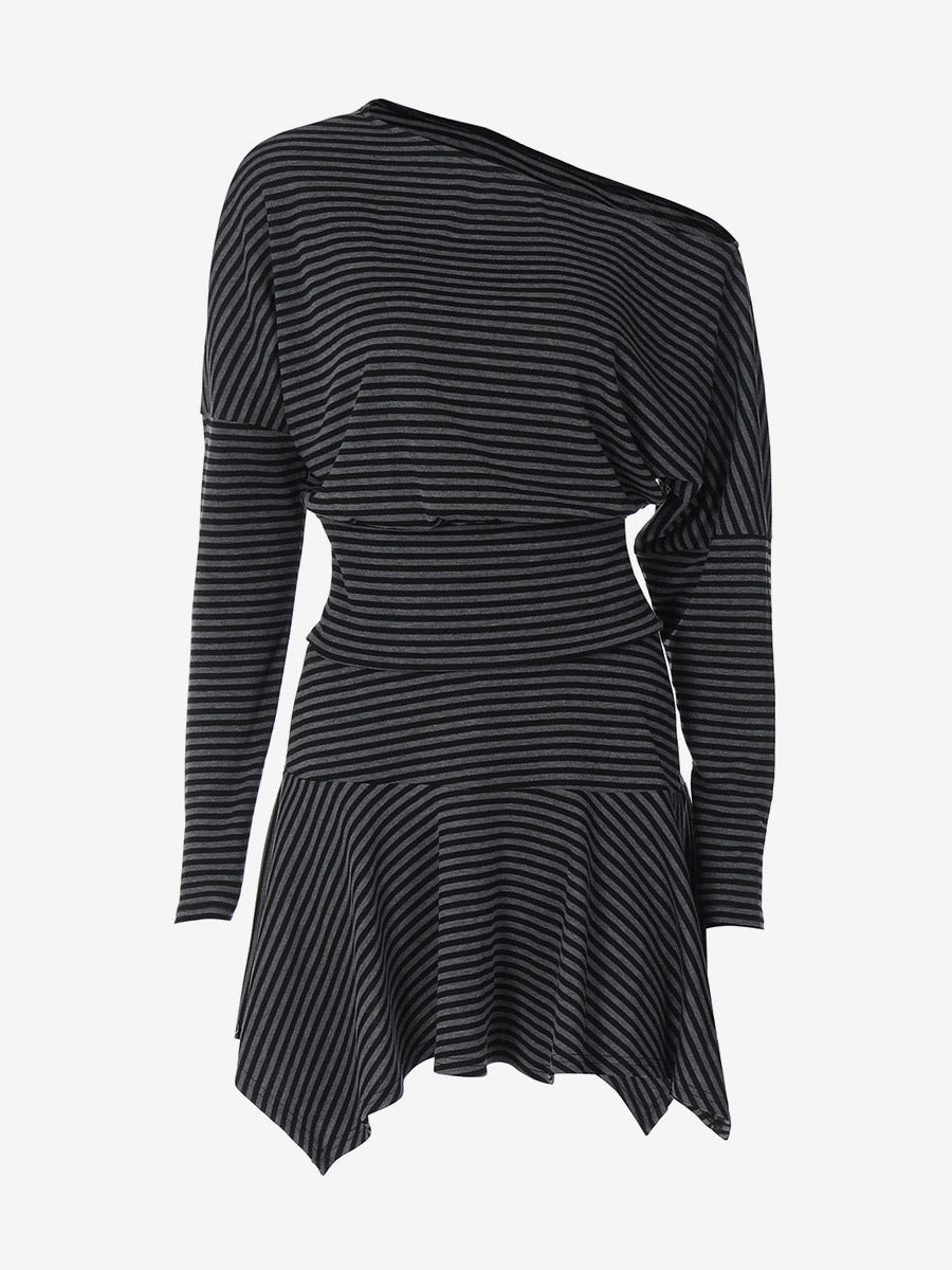 Skirt Set Gray Stripes Dating Long Sleeves Stripes Two Piece Sets