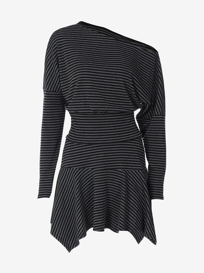 Skirt Set Gray Stripes Dating Long Sleeves Stripes Two Piece Sets