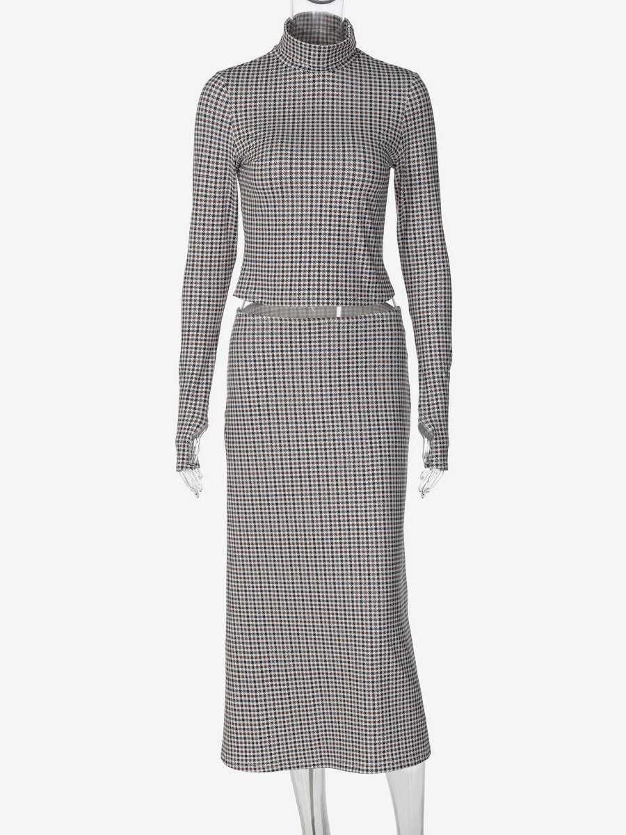 Two Piece Sets Coffee Brown Casual Plaid Daily Casual Long Sleeves Skirt Set