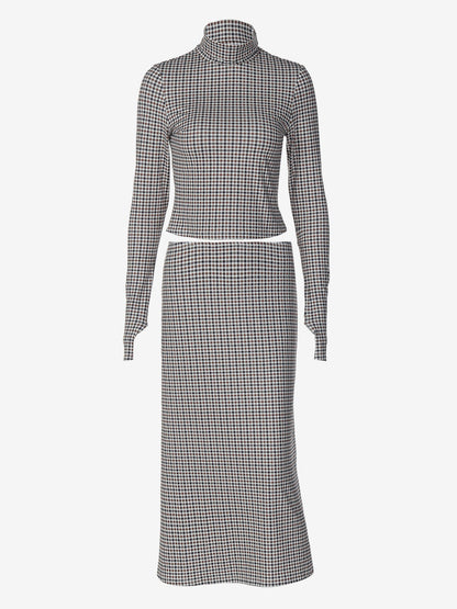 Two Piece Sets Coffee Brown Casual Plaid Daily Casual Long Sleeves Skirt Set