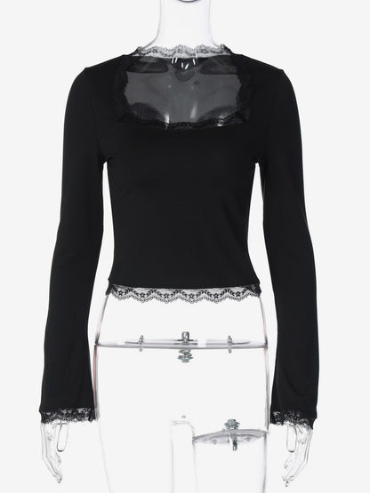 Lace Edge Square Neck Flare Sleeve Slim Basic Long Sleeve Top