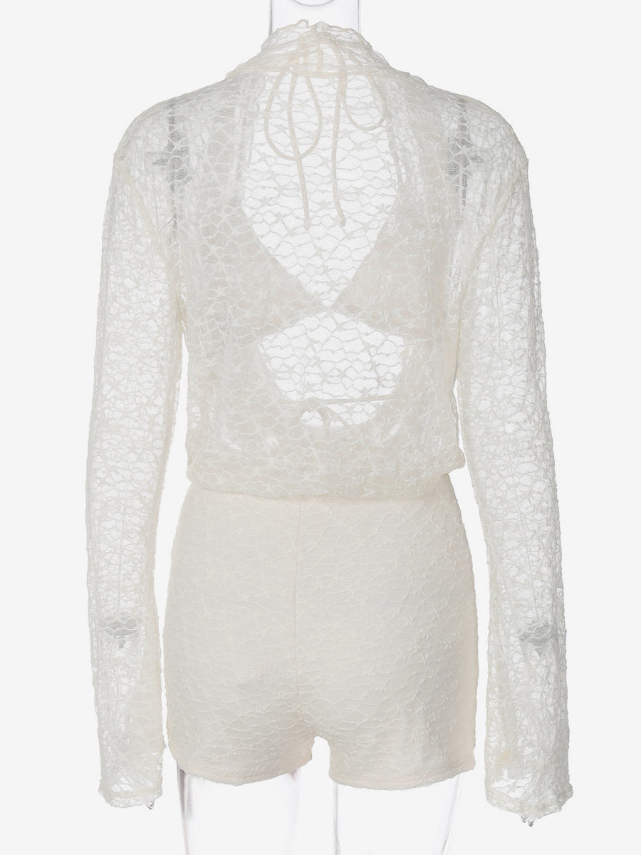 Women Mesh Lace 2 Piece Cover Up Set Long Sleeve Wrap Top Shorts Beach Outfit