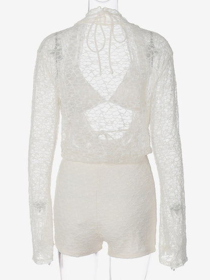 Women Mesh Lace 2 Piece Cover Up Set Long Sleeve Wrap Top Shorts Beach Outfit