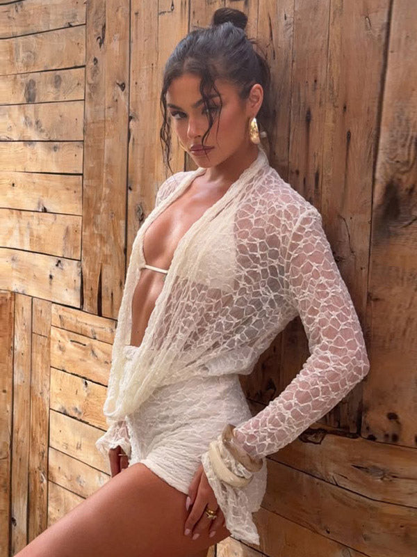 Women Mesh Lace 2 Piece Cover Up Set Long Sleeve Wrap Top Shorts Beach Outfit