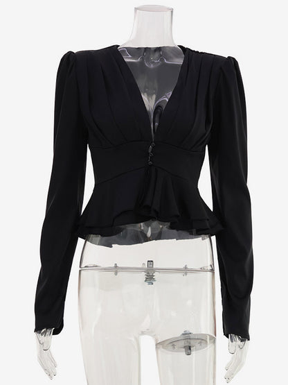 Satin Deep V Puff Shoulder Ruffle Hem Cropped Blouse Long Sleeve Slim Top