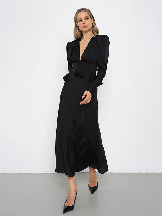 Satin Deep V Puff Shoulder Ruffle Hem Cropped Blouse Long Sleeve Slim Top