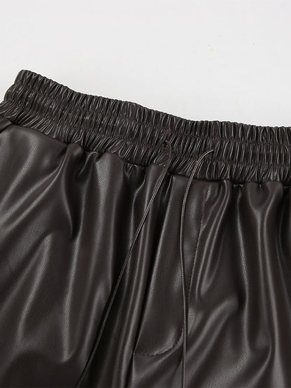 Elastic Waist Drawstring Faux Leather Wide Leg Pants