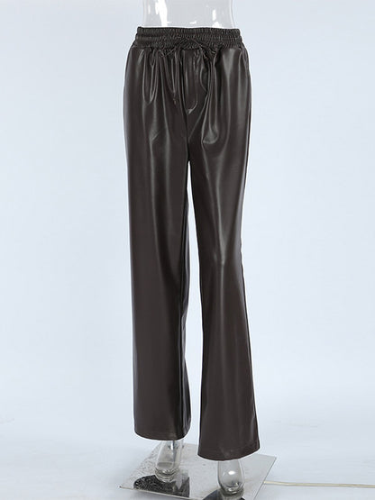 Elastic Waist Drawstring Faux Leather Wide Leg Pants