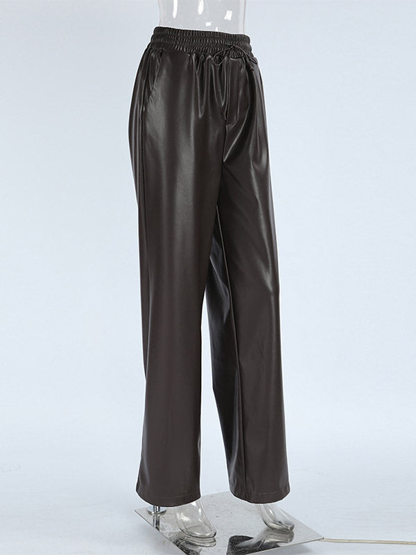 Elastic Waist Drawstring Faux Leather Wide Leg Pants