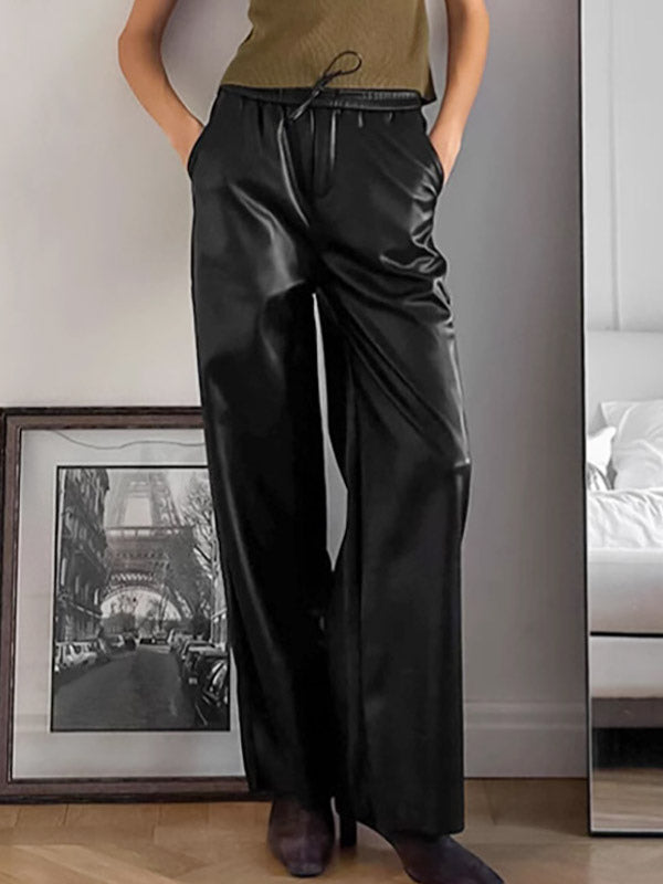 Elastic Waist Drawstring Faux Leather Wide Leg Pants